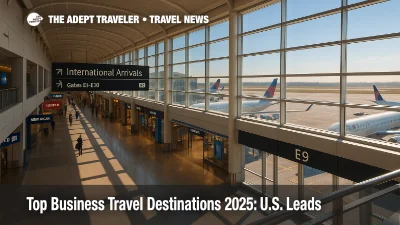 Busy international concourse at a U.S. hub illustrates international business travel trends and top business travel destinations in 2025.