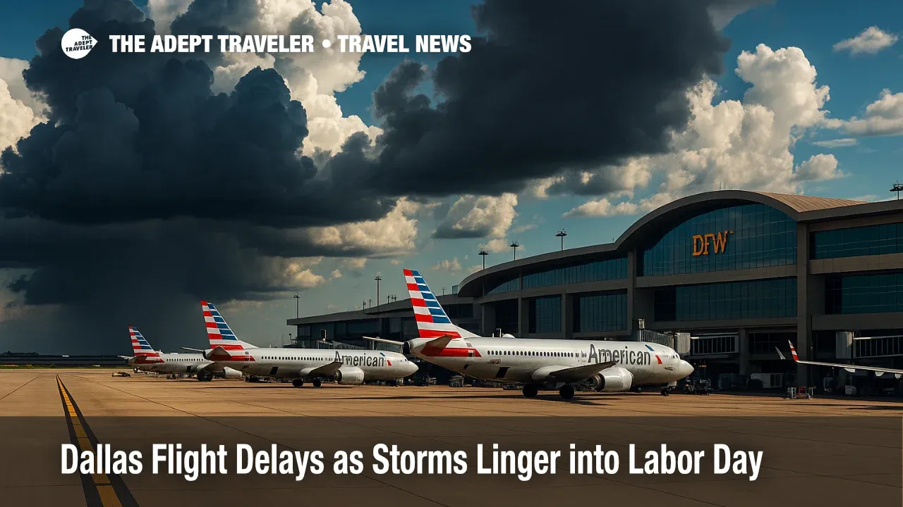 Ramp and terminal view at Dallas Fort Worth during stormy Labor Day travel, clouds building as operations slow, illustrating DFW flight delays.