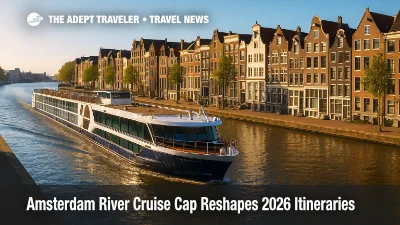 A modern river ship glides past canal houses near Amsterdam, illustrating itinerary shifts under the Amsterdam river cruise cap.