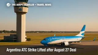 The Ezeiza control tower overlooks a taxiing jet as operations normalize after the Argentina ATC strike.