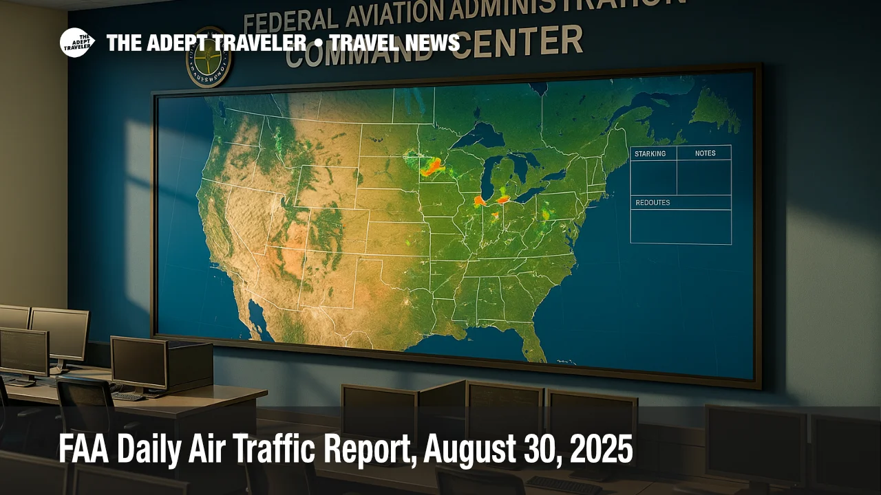 A wide FAA Command Center wall map shows storms, staffing notes, and reroutes from the ATCSCC operations plan in the FAA Daily Air Traffic Report.