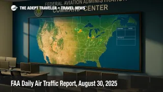 A wide FAA Command Center wall map shows storms, staffing notes, and reroutes from the ATCSCC operations plan in the FAA Daily Air Traffic Report.