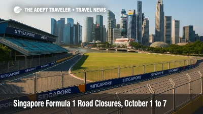 Marina Bay Street Circuit barriers and Padang skyline at sunset, showing transit crowd routes for Singapore Formula 1 race weekend.