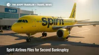 A Spirit Airlines A320 at the gate under clear skies, illustrating the Spirit Airlines bankruptcy while flights continue during restructuring.