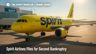 A Spirit Airlines A320 at the gate under clear skies, illustrating the Spirit Airlines bankruptcy while flights continue during restructuring.