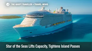 Star of the Seas departs Port Canaveral toward Perfect Day at CocoCay, illustrating private-island day pass demand on a major expedition cruise ship.