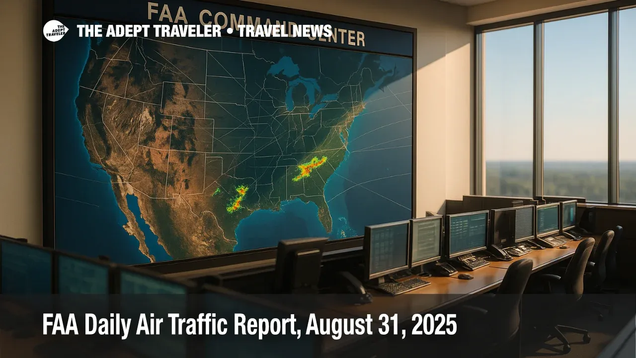 A wide view of the FAA Command Center map wall showing storm clusters over Texas and Florida for the FAA daily air traffic report.