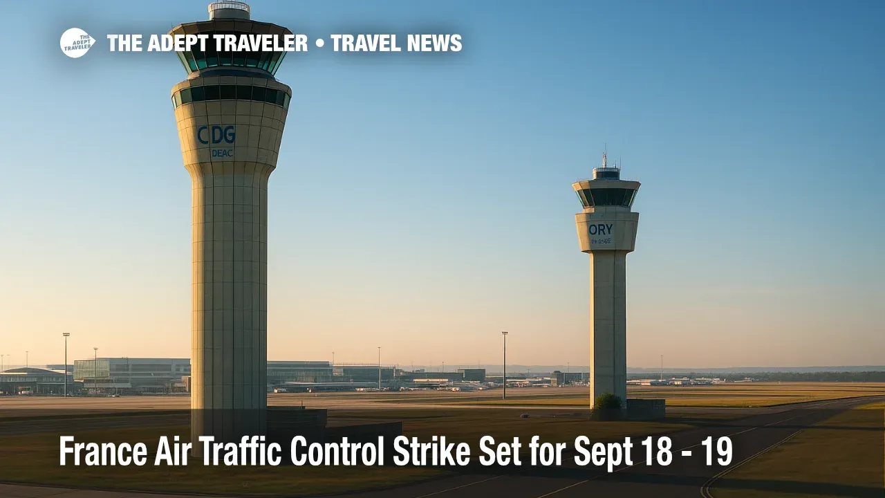 Control towers at CDG and ORY under clear skies, illustrating a France air traffic control strike and expected DGAC guidance.