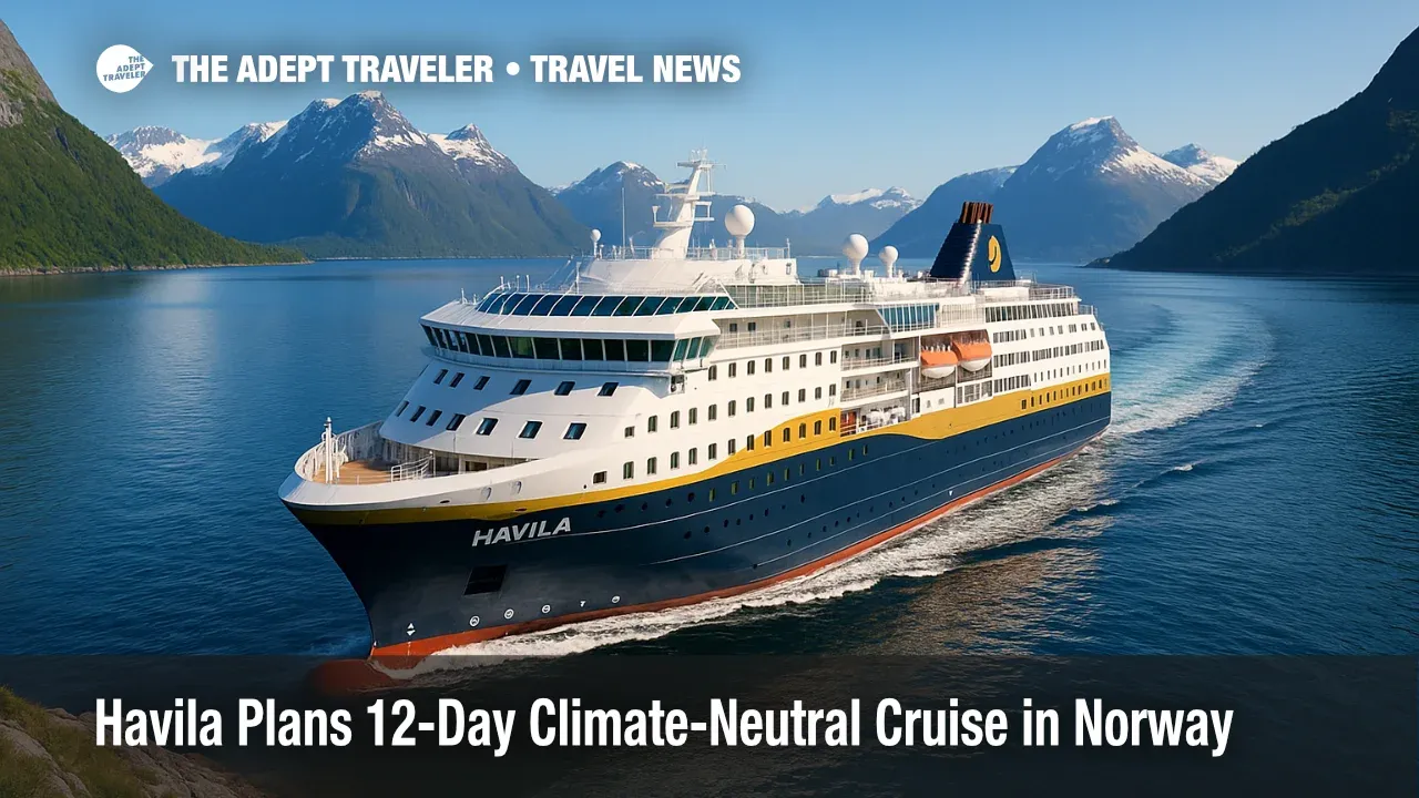 A Havila Voyages ship cruises a bright Norwegian fjord, illustrating a climate-neutral cruise powered by biogas and large batteries.
