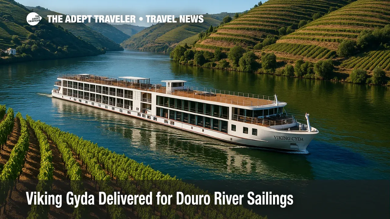 A Viking river ship sails the Douro past terraced vineyards, illustrating a Douro river cruise on the new Viking Gyda.