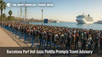 Crowds and police barriers line Barcelona's Port Vell promenade as a Gaza aid flotilla prepares to depart, prompting a Port Vell travel advisory.