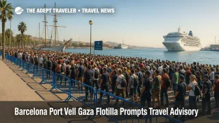 Crowds and police barriers line Barcelona's Port Vell promenade as a Gaza aid flotilla prepares to depart, prompting a Port Vell travel advisory.