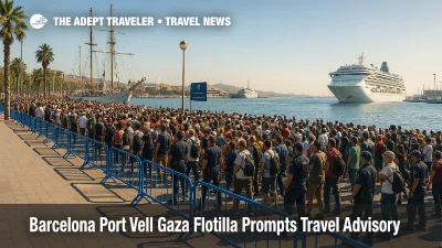 Crowds and police barriers line Barcelona's Port Vell promenade as a Gaza aid flotilla prepares to depart, prompting a Port Vell travel advisory.