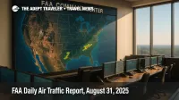 A wide view of the FAA Command Center map wall showing storm clusters over Texas and Florida for the FAA daily air traffic report.