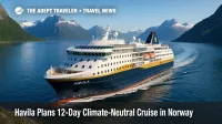 A Havila Voyages ship cruises a bright Norwegian fjord, illustrating a climate-neutral cruise powered by biogas and large batteries.