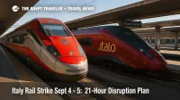 A Frecciarossa and an Italo train at Roma Termini during an Italy rail strike, illustrating high-speed disruption and traveler options.