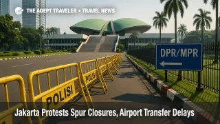 Police barricades and traffic cones near Jakarta's DPR/MPR complex during central Jakarta demonstrations affecting Soekarno-Hatta airport transfers.