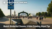 Crowds enter Theresienwiese U-Bahn for Munich Oktoberfest as trains arrive, highlighting alternative routes and small-bag security rules at the grounds.