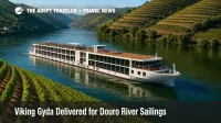 A Viking river ship sails the Douro past terraced vineyards, illustrating a Douro river cruise on the new Viking Gyda.