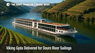 A Viking river ship sails the Douro past terraced vineyards, illustrating a Douro river cruise on the new Viking Gyda.