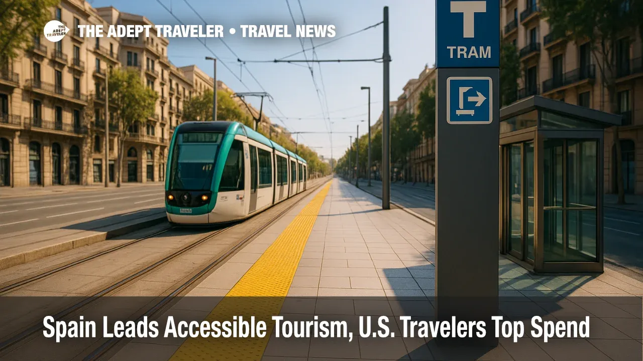 A step-free Barcelona tram platform with tactile paving, elevators, and clear wayfinding illustrates Spain's leadership in accessible tourism.