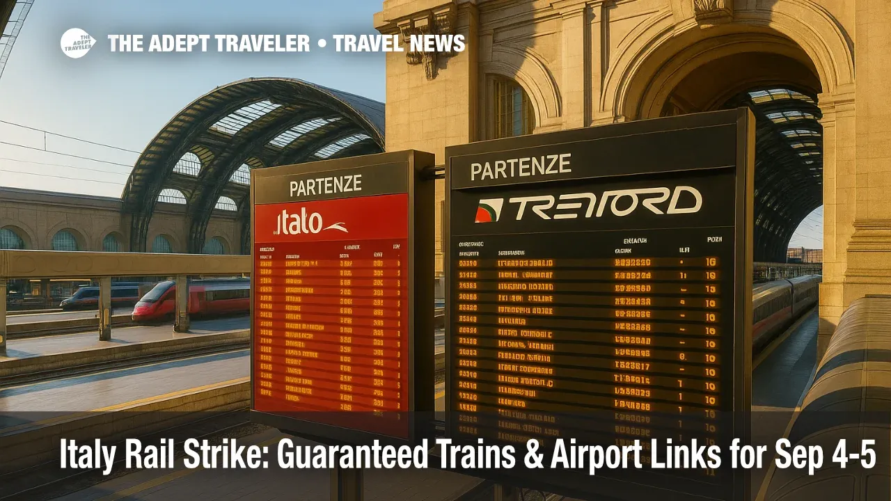Italo and Trenord have posted guaranteed trains for Italy's September 4-5 rail strike. See protected windows, airport links for FCO and MXP, and refund options.