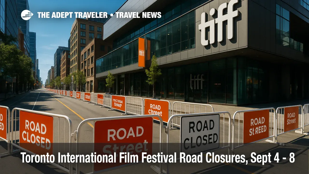 Festival Street on King Street West during Toronto International Film Festival road closures, with barriers and venue signage visible near TIFF Lightbox.