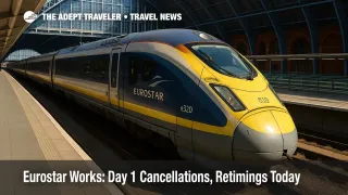 Eurostar e320 at St Pancras as engineering works prompt cancellations, retimings, and airport-transfer planning for cross-Channel travelers.