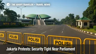 Police barricades at Jakarta's DPR/MPR perimeter under clear skies, illustrating Jakarta protests and potential delays for Soekarno-Hatta transfers.