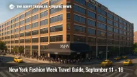 Crowds approach NYFW at the Starrett-Lehigh Building with taxis and a subway entrance visible, illustrating New York Fashion Week travel.