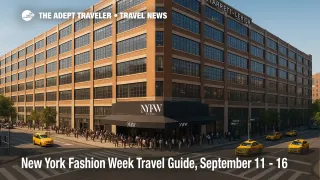 Crowds approach NYFW at the Starrett-Lehigh Building with taxis and a subway entrance visible, illustrating New York Fashion Week travel.
