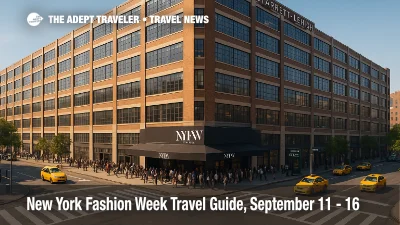 Crowds approach NYFW at the Starrett-Lehigh Building with taxis and a subway entrance visible, illustrating New York Fashion Week travel.