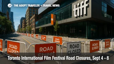 Festival Street on King Street West during Toronto International Film Festival road closures, with barriers and venue signage visible near TIFF Lightbox.