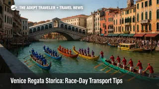 Colorful Regata Storica boats race along the Grand Canal near Rialto Bridge as crowds watch, with vaporetto service adjusted for the event.
