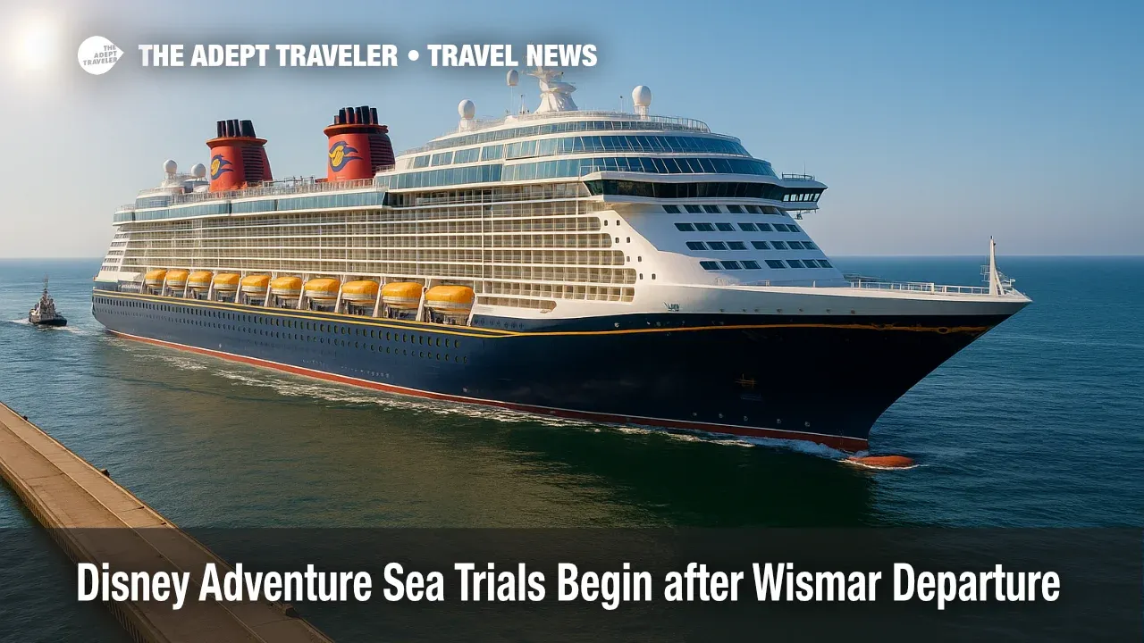 Disney Adventure departs Wismar for initial sea trials, with tugs assisting as the new Disney Cruise Line ship clears the harbor.
