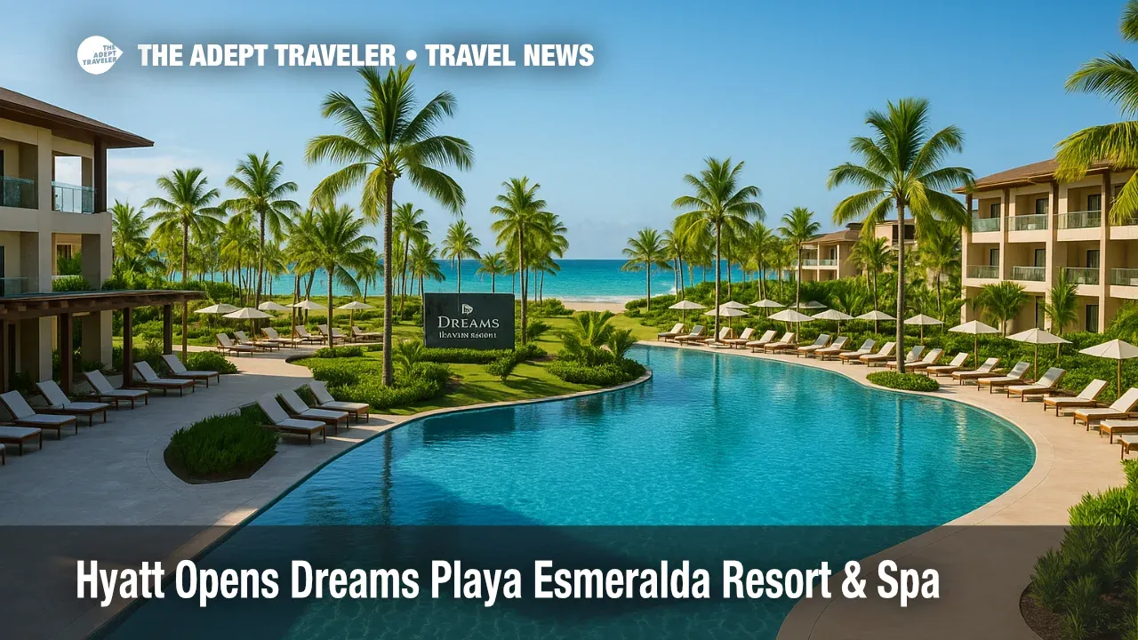 A sunlit beachfront pool and gardens at Dreams Playa Esmeralda Resort & Spa highlight a new Dominican Republic all-inclusive opening for families.