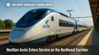 NextGen Acela Avelia Liberty departs a Northeast Corridor platform, showing modern nose, tilt-train profile, and premium high-speed rail branding.