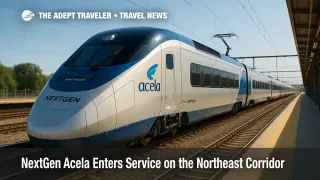 NextGen Acela Avelia Liberty departs a Northeast Corridor platform, showing modern nose, tilt-train profile, and premium high-speed rail branding.