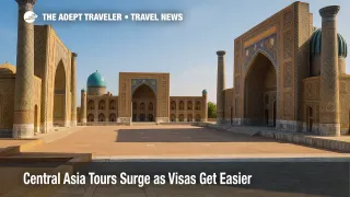 Morning light over Samarkand's Registan, showcasing Silk Road architecture and Central Asia tours appeal with intricate blue-tile madrassas.