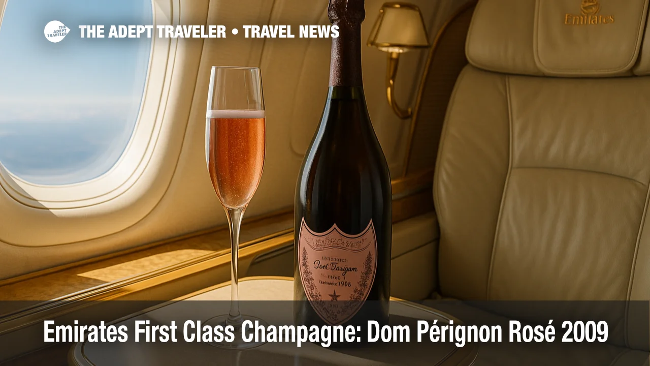 A First Class Emirates suite table set with Dom Pérignon Rosé 2009 Champagne and flute, highlighting Emirates first class Champagne service.