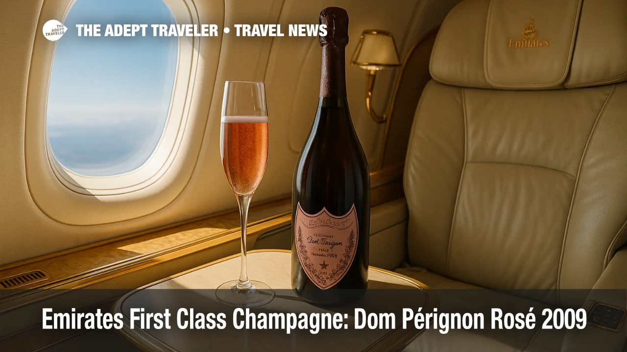 A First Class Emirates suite table set with Dom Pérignon Rosé 2009 Champagne and flute, highlighting Emirates first class Champagne service.