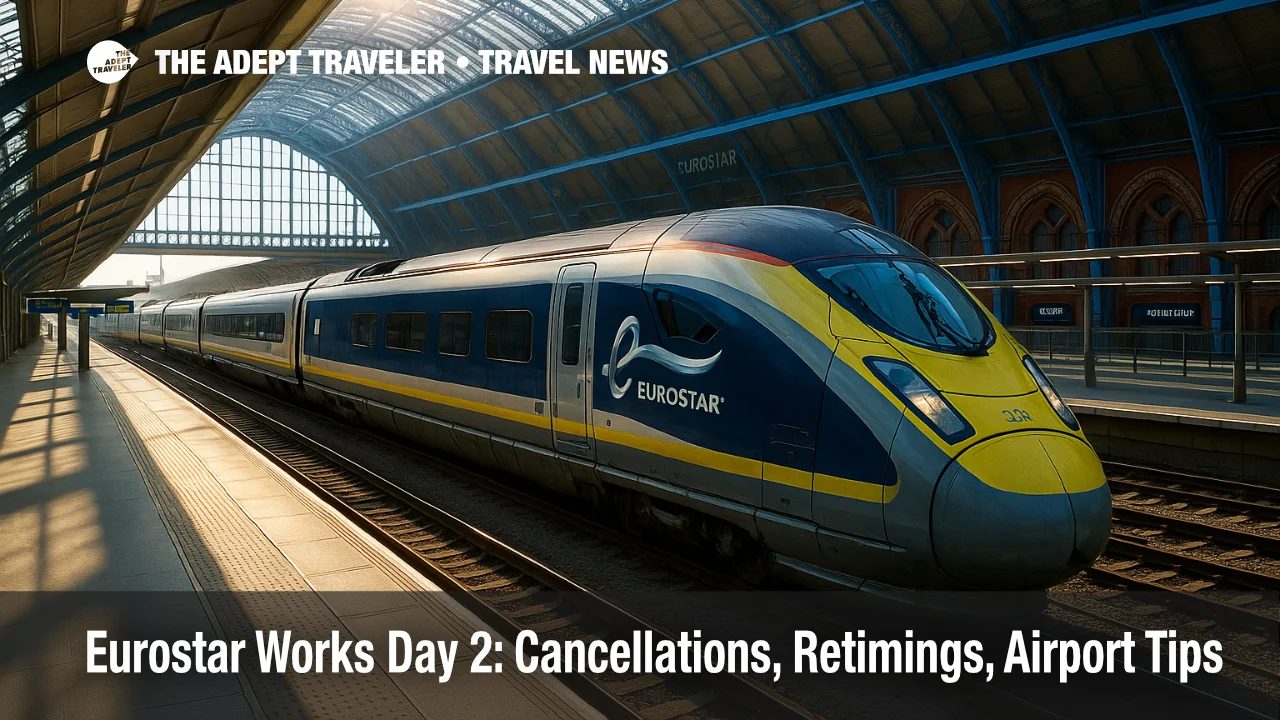 Eurostar e320 at St Pancras during Eurostar works, with departure boards visible and travelers affected by engineering-related delays.