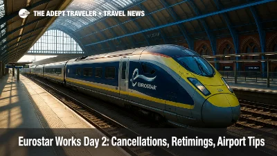 Eurostar e320 at St Pancras during Eurostar works, with departure boards visible and travelers affected by engineering-related delays.