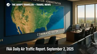 A wide view of the FAA Command Center wall map displays national traffic flows, illustrating the FAA Daily Air Traffic Report’s systemwide planning focus.