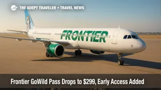 A Frontier Airlines Airbus narrowbody at the gate under clear skies, illustrating the Frontier GoWild pass value for flexible, budget travel.