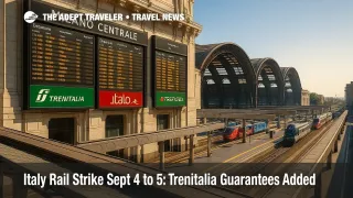 A busy Milano Centrale concourse with trimmed timetables during the Italy rail strike, highlighting guaranteed trains and airport rail links.