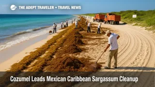 Teams rake and load seaweed during a sargassum cleanup on Cozumel, illustrating Mexican Caribbean sargassum season beach operations.