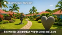 A guest walkway at Rosewood Le Guanahani shows outdoor installations from the Rosewood Le Guanahani art program, inviting a guided St. Barts art tour.