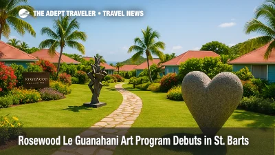 A guest walkway at Rosewood Le Guanahani shows outdoor installations from the Rosewood Le Guanahani art program, inviting a guided St. Barts art tour.