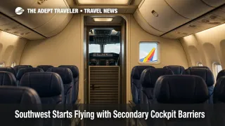 View down the aisle of a Southwest Boeing 737 showing rows of blue seats, the cockpit door open with a secondary barrier in place, and the airline’s heart logo visible on the tail through a side window.